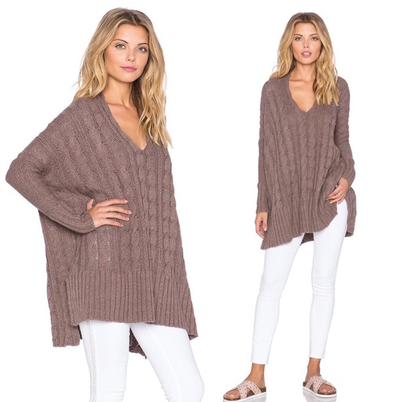 Free People Sweaters - Free People Easy Cable V Neck Sweater Taupe Oversized Tunic